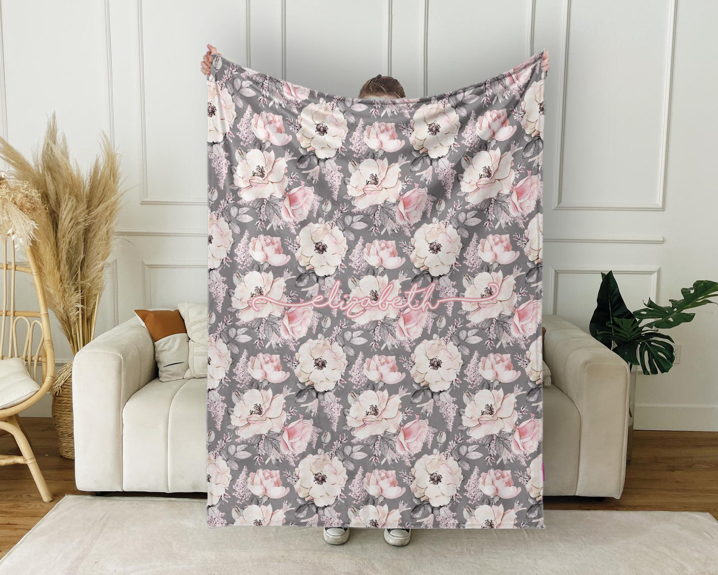 Mothers day gift Idea, Personalized flower pattern in vintage rustic style blanket with Name, Custom blanket gift, Birthday Anniversary Gift