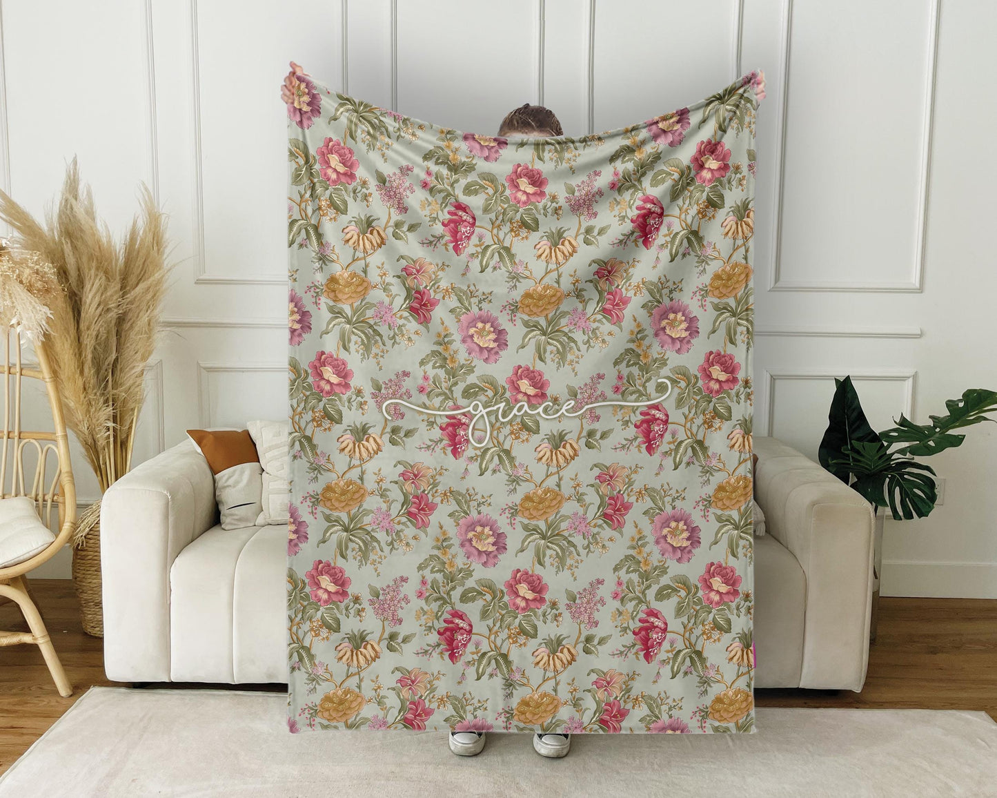 Mothers day gift Idea, Personalized flower pattern in vintage rustic style blanket with Name, Custom blanket gift, Birthday Anniversary Gift