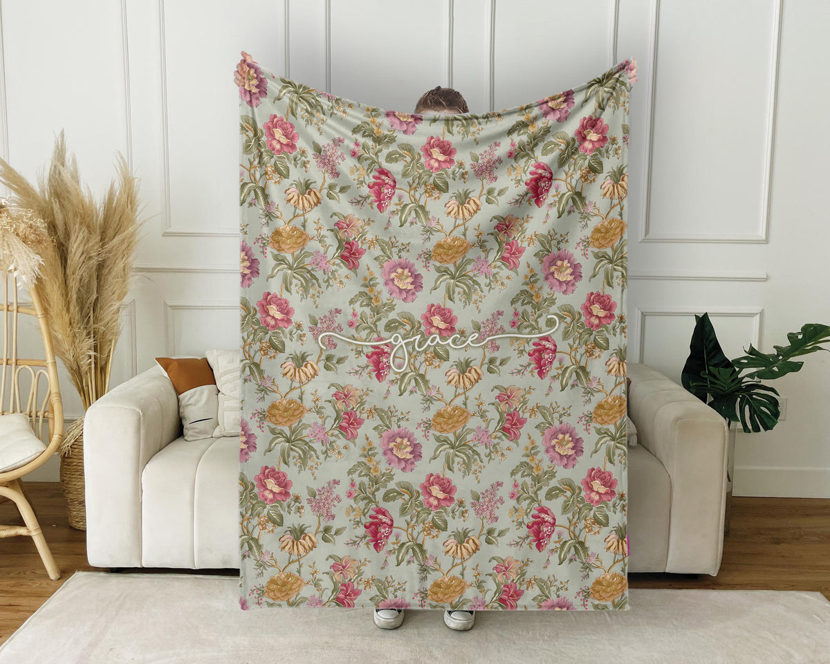 Personalized Floral Blanket: Vintage Style Minky or Sherpa Throw