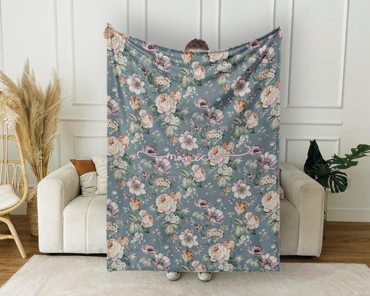 Personalized Floral Blanket: Vintage Style Minky or Sherpa Throw