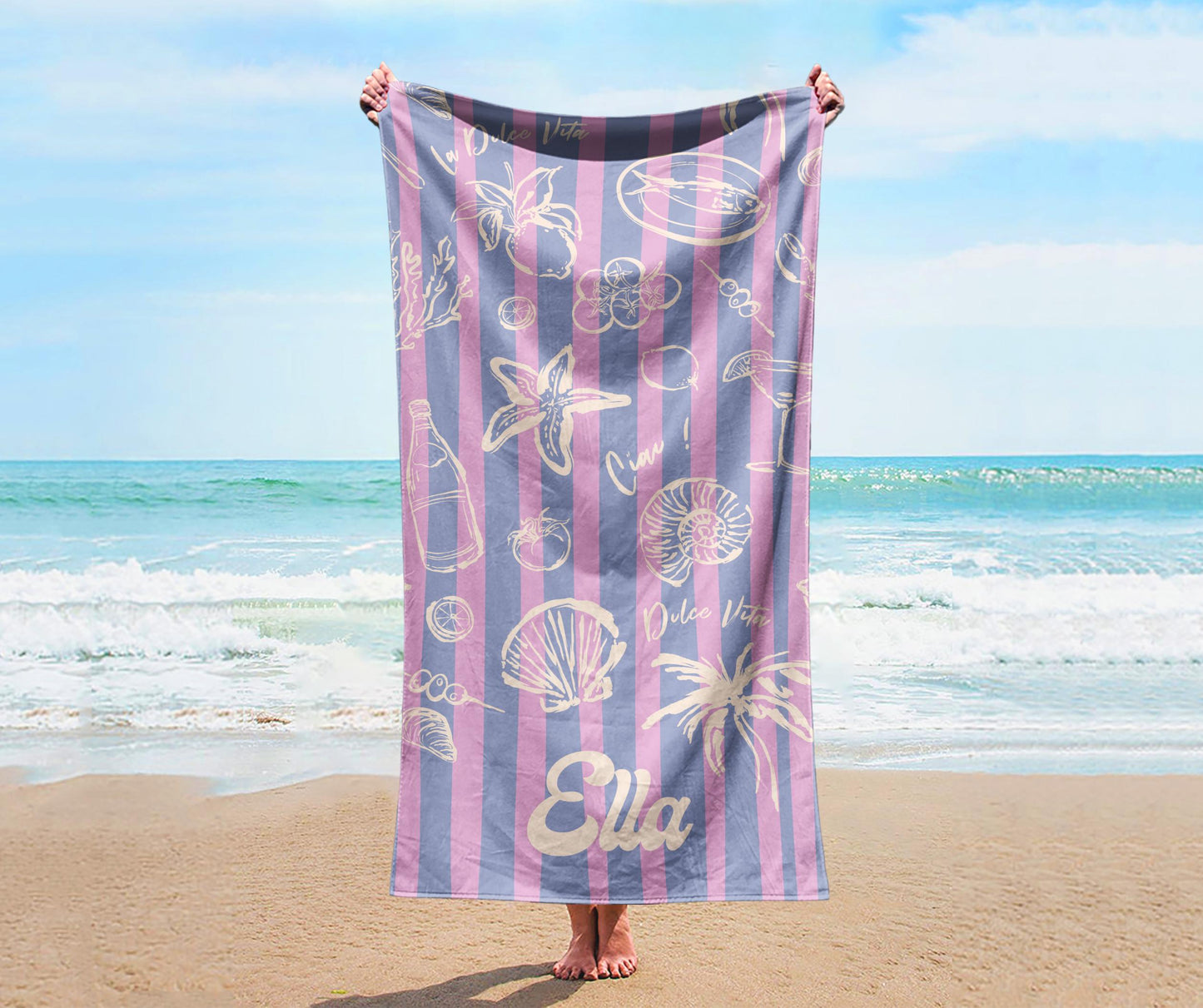 RETRO Stripe Style Personalized Beach Towel Personalized Name Bath Towel, Pool Towel Beach Towel With Name Outside Birthday Vacation Gift