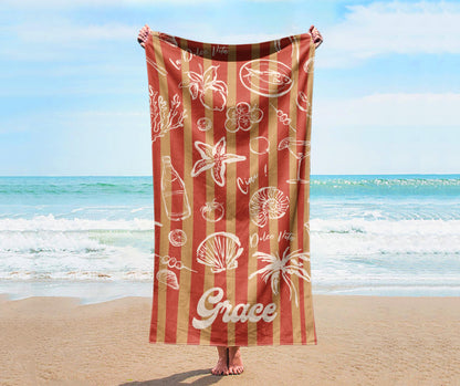 RETRO Stripe Style Personalized Beach Towel Personalized Name Bath Towel, Pool Towel Beach Towel With Name Outside Birthday Vacation Gift