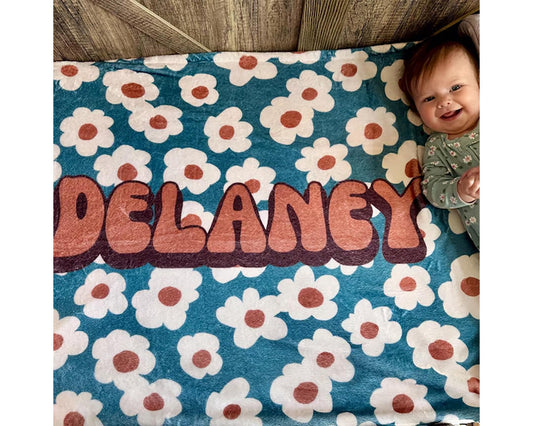 Retro Flower Personalized Baby Blanket: Minky or Sherpa