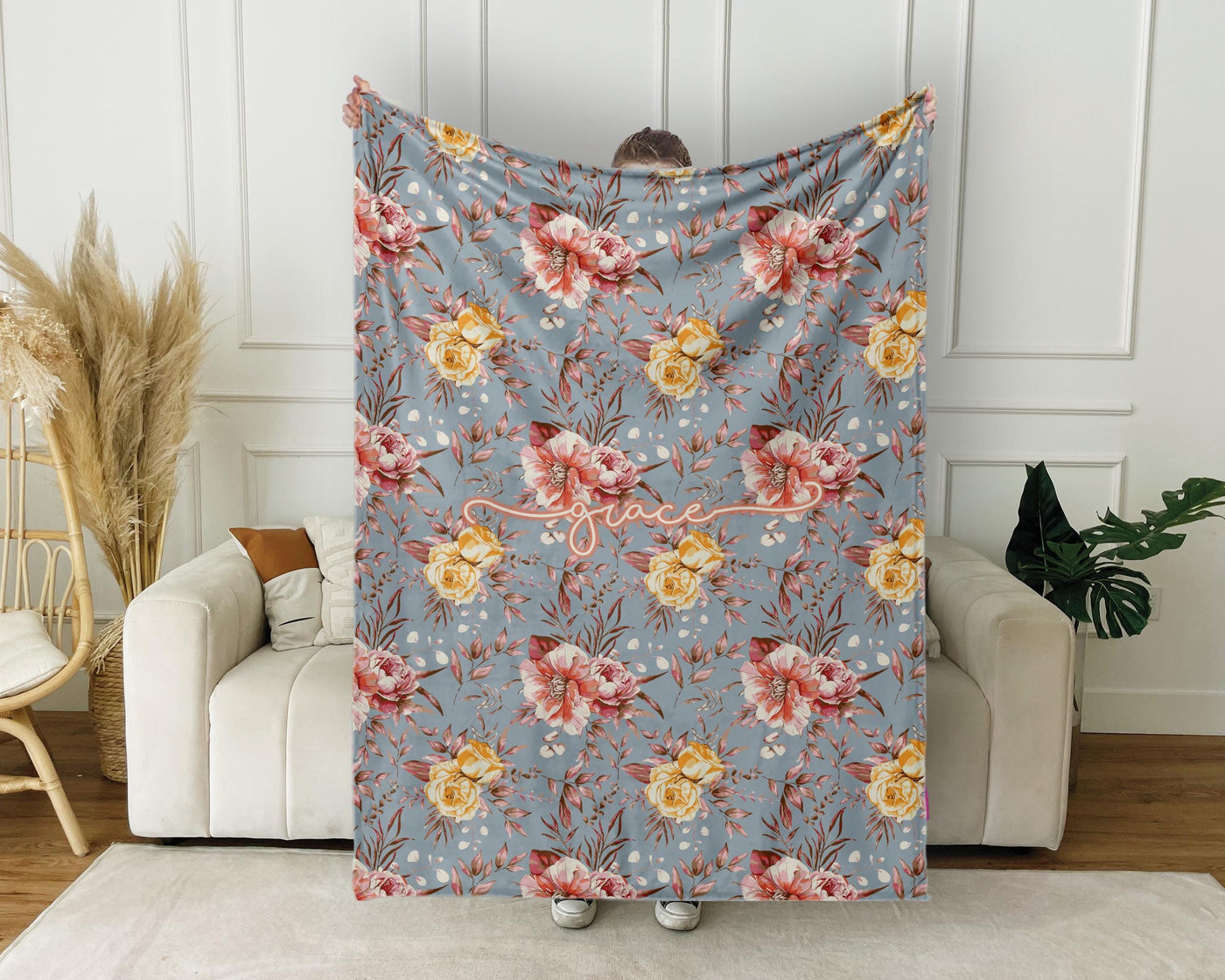 Mothers day gift Idea Personalized flower pattern in vintage rustic style blanket with Name, Custom blanket gift, Birthday Anniversary Gift