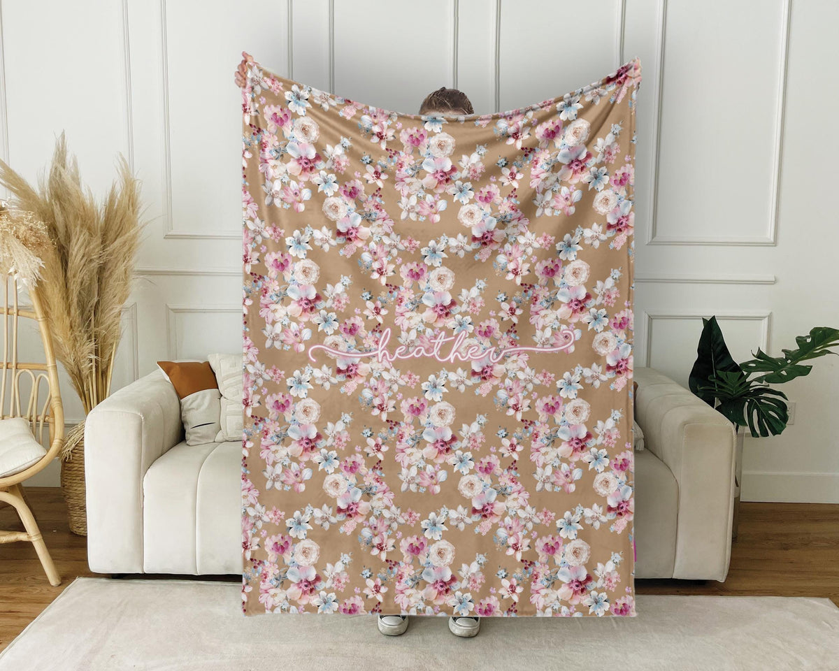 Personalized Floral Blanket: Vintage Style Minky or Sherpa Throw