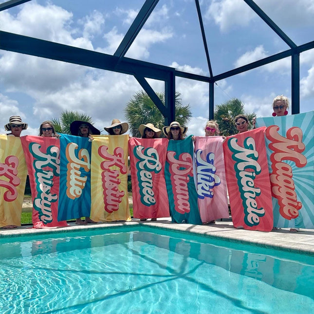 Groovy RETRO Style Personalized Beach Towel Personalized Name Bath Towel Custom Beach Towel With Name Outside Birthday Vacation Gift