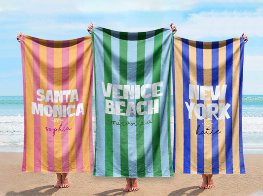 Personalized Beach Towel Custom City Name and Color, Soft Quick-Dry Striped Summer Towel Gift for Travel & Pool