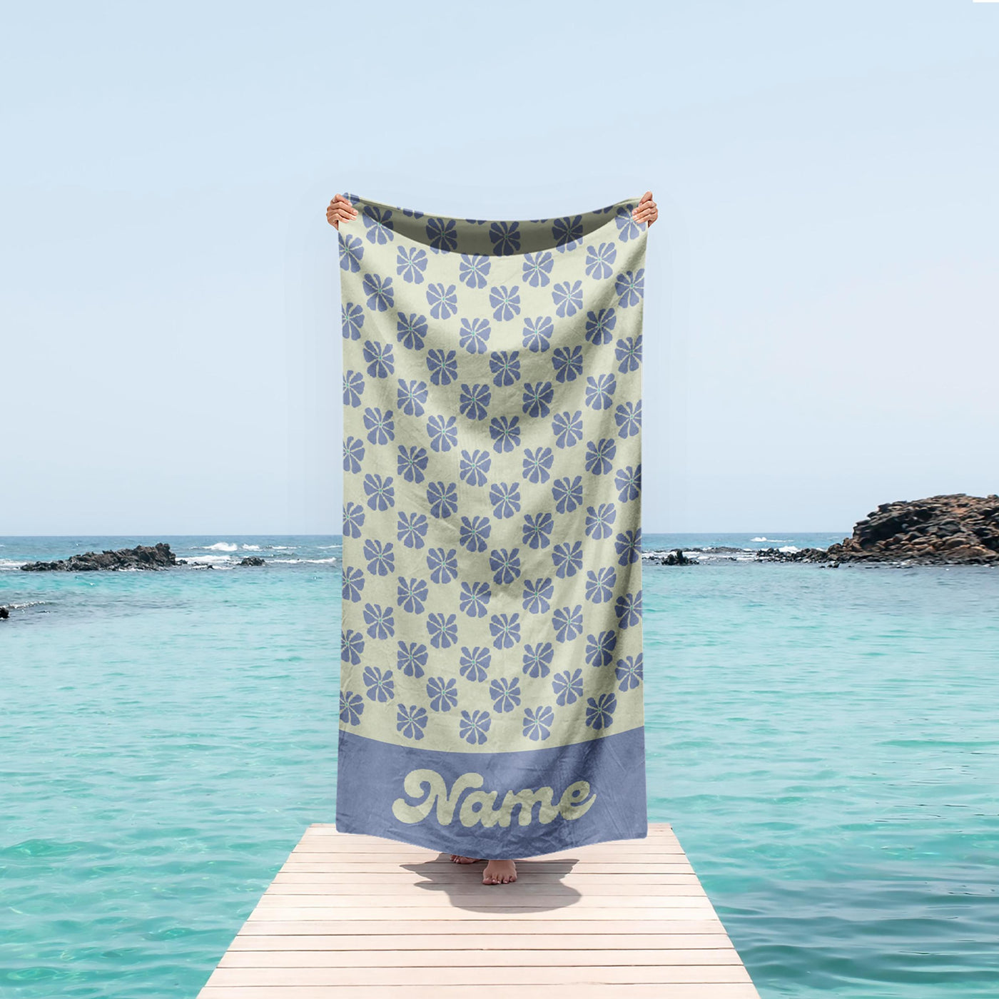 70s Daisy Boho Style Personalized Beach Towel with Name Custom Summer Gift, Birthday and Anniversary Beach Towel for Adults & Kids