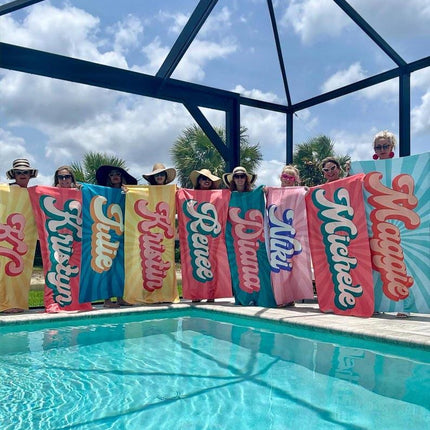 Groovy RETRO Style Personalized Beach Towel Personalized Name Bath Towel Custom Beach Towel With Name Outside Birthday Vacation Gift