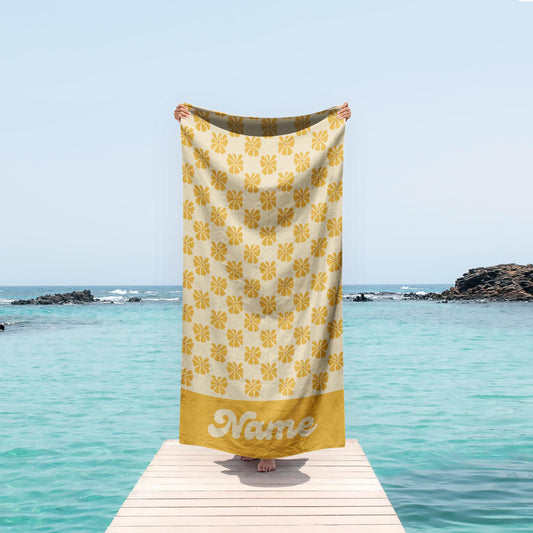 70s Daisy Boho Style Personalized Beach Towel with Name Custom Summer Gift, Birthday and Anniversary Beach Towel for Adults & Kids