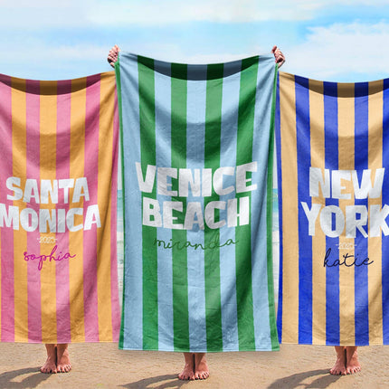 Personalized Beach Towel Custom City Name and Color, Soft Quick-Dry Striped Summer Towel Gift for Travel & Pool
