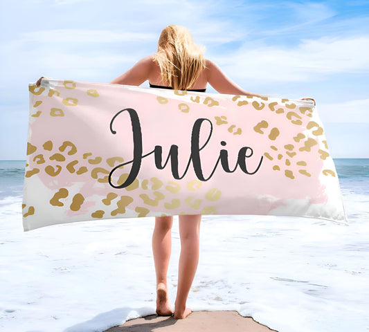 Metallic Leopard Custom Beach Towel: Personalized Vacation Gift
