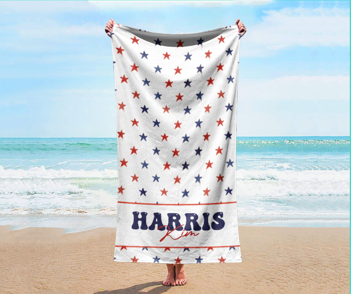 Personalized 4th of July Beach Towel: Retro Flower Custom Name
