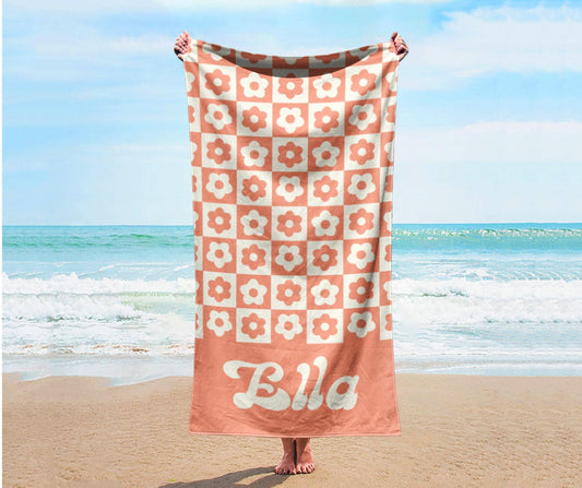 Personalized Retro Flower Beach Towel: Custom Name Gift
