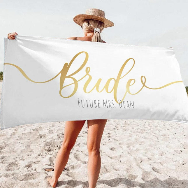 Personalized Bride Beach Towel: Gold Script Honeymoon Gift
