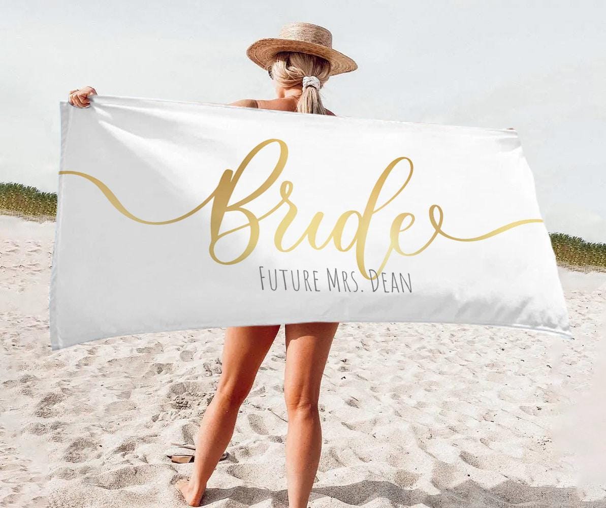 Personalized Bride Beach Towel: Gold Script Honeymoon Gift