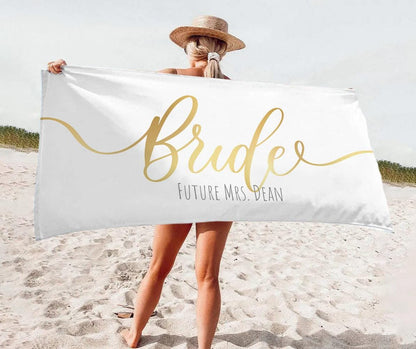 Personalized Bride Beach Towel: Gold Script Honeymoon Gift