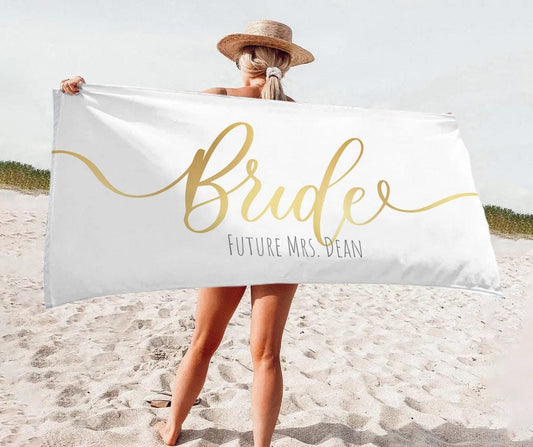 Personalized Bride Beach Towel: Gold Script Honeymoon Gift