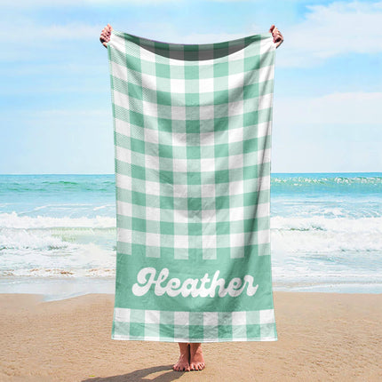 Personalized Pastel Checker Beach Towel: Retro Flower Custom Name Bath Towel