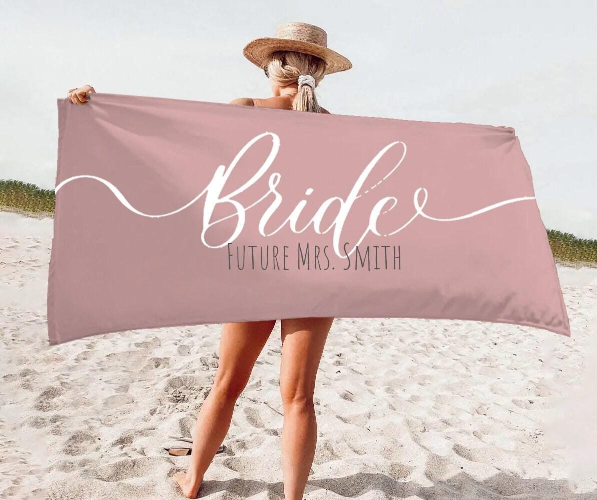 Personalized Bride Beach Towel: Gold Script Honeymoon Gift