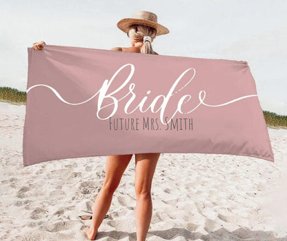 Personalized Bride Beach Towel: Gold Script Honeymoon Gift