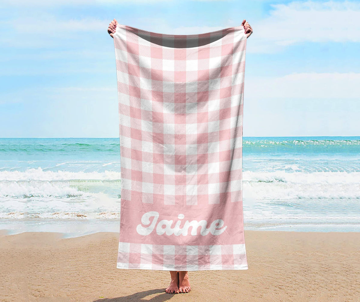 Personalized Beach Towel: Pastel Checkerboard Custom Name Bath Towel
