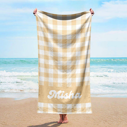 Personalized Pastel Checker Beach Towel: Retro Flower Custom Name Bath Towel