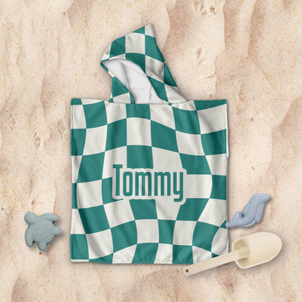 Personalized Kids Hooded Towel: Retro Checker Pattern, Custom Name