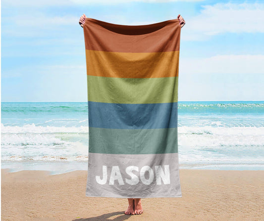 Personalized Retro Beach Towel: Custom Name, Colorful Lines