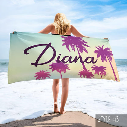 Retro Personalized Beach Towel: Custom Name, Palm Tree Design