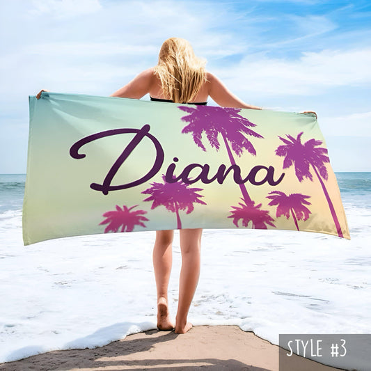 Retro Personalized Beach Towel: Custom Name, Palm Tree Design