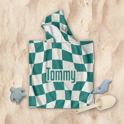 Personalized Kids Hooded Beach Towel: Retro Checker Pattern, Custom Name Gift