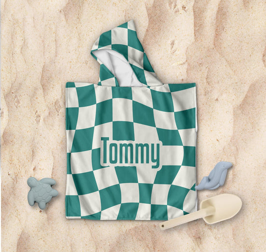 Personalized Kids Hooded Beach Towel: Retro Checker Pattern, Custom Name Gift