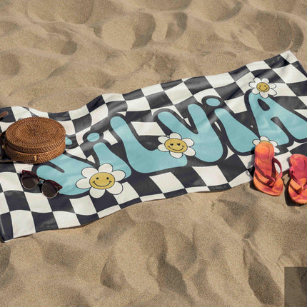 Personalized Daisy Checkerboard Beach Towel: Retro Custom Name Gift