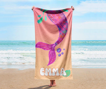 Personalized Mermaid Beach Towel: Retro Starfish Design, Custom Name