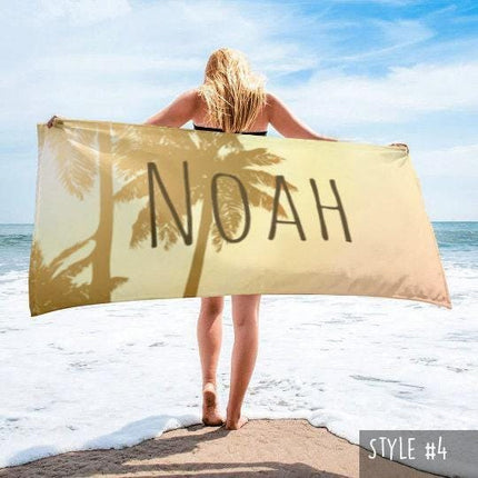 Retro Personalized Beach Towel: Custom Name, Palm Tree Design
