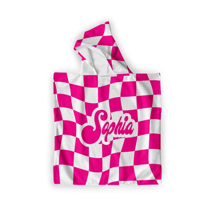 Personalized Kids Hooded Beach Towel: Retro Checker Pattern, Custom Name Gift