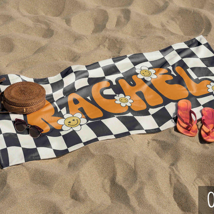 Personalized Daisy Checkerboard Beach Towel: Retro Custom Name Gift
