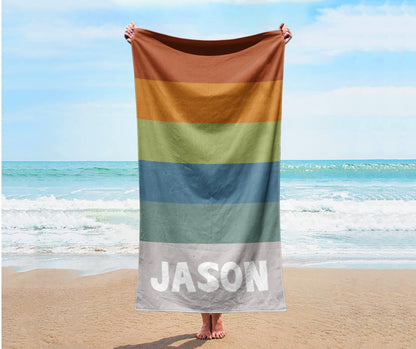 Retro Stripe Personalized Beach Towel: Custom Name Pool Towel