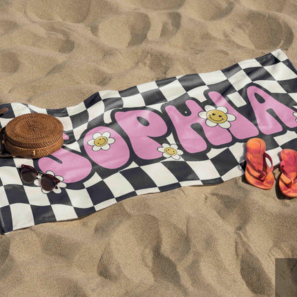 Personalized Daisy Checkerboard Beach Towel: Retro Custom Name Gift