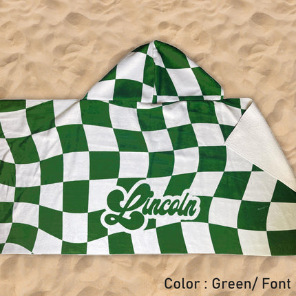 Personalized Kids Hooded Beach Towel: Retro Checker Pattern, Custom Name Gift