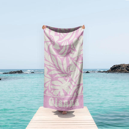 Personalized Retro Leaf Beach Towel: Custom Name, Geometric Pattern