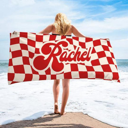 Personalized Kids Hooded Beach Towel: Retro Checker Pattern, Custom Name Gift