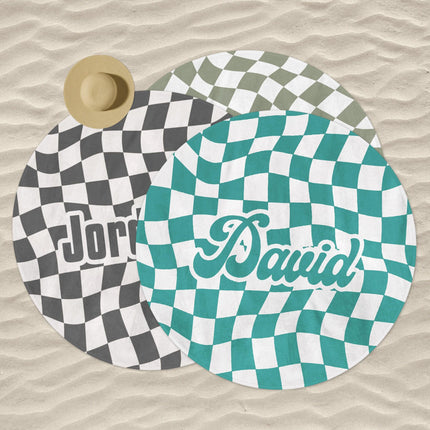 Personalized Retro Checker Beach Towel: Large Round Name Gift