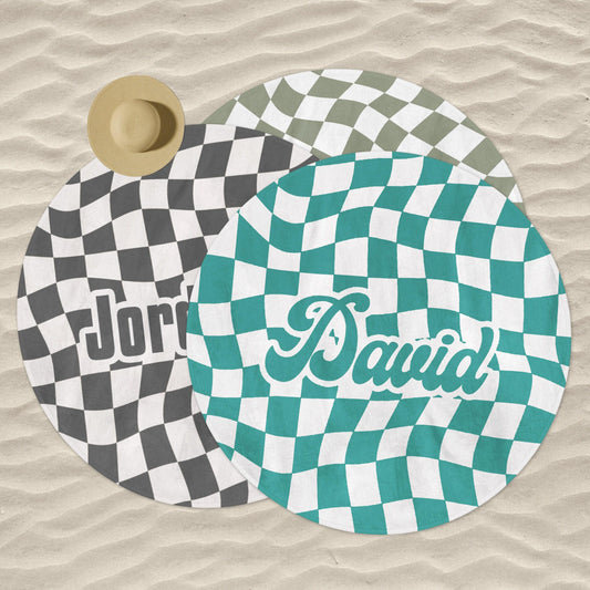 Personalized Retro Checker Beach Towel: Large Round Name Gift