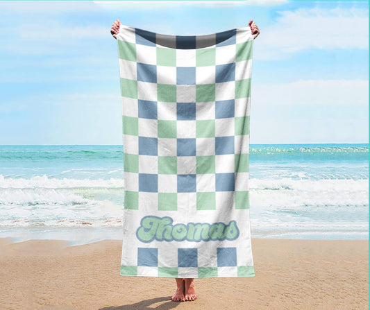 Checkerboard Personalized Beach Towel: Custom Name Bath Towel