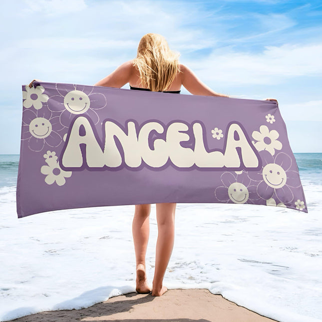 Personalized Groovy Flower Beach Towel: Custom Name Bath & Pool Towel