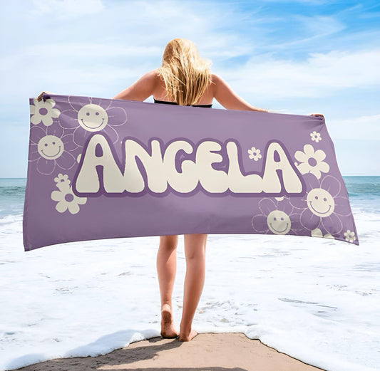 Personalized Groovy Flower Beach Towel: Custom Name Bath & Pool Towel