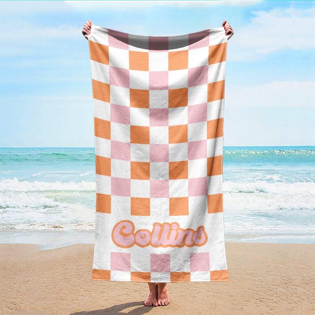 Checkerboard Personalized Beach Towel: Custom Name Bath Towel