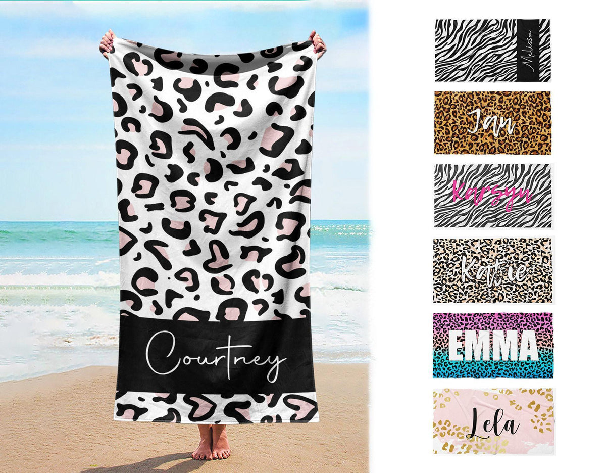 Personalized Animal Print Beach Towel: Custom Name Bath & Pool Towel